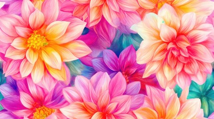 Obraz premium Vibrant floral pattern featuring colorful blossoms in shades of pink, orange, and yellow, perfect for spring themes.