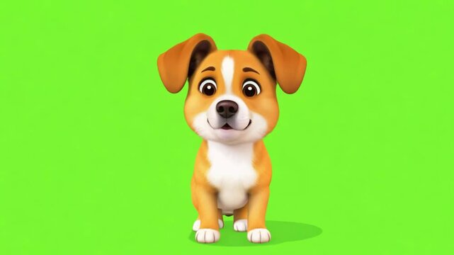 Smiling Cartoon Dog on Green Screen: Adorable 3D cartoon dog with brown and white fur, sitting and smiling at the camera against a green screen background. Perfect for adding a friendly touch to your 