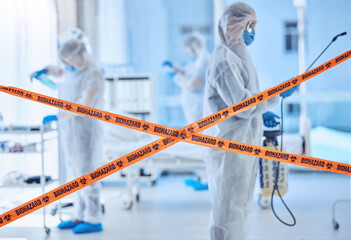 Hospital, biohazard and people cleaning with sanitation for contamination, safety or protocol....