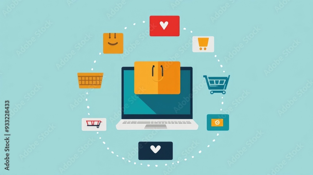 Poster comprehensive e commerce customer journey mapping illustrated in flat design depicting the online sh