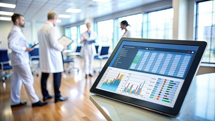 Modern clinic management software displayed on a tablet screen with a blurred hospital background, showing charts, schedules, and patient records for efficient administration.