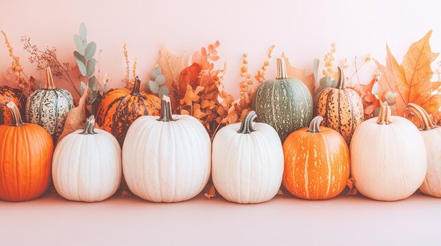 A white pumpkin sits atop the table with a green and orange bunch