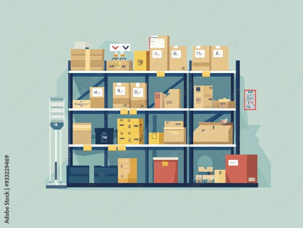 Poster Flat design of an automated inventory management and supply tracking system  The image showcases the various components and processes involved in optimizing inventory control logistics