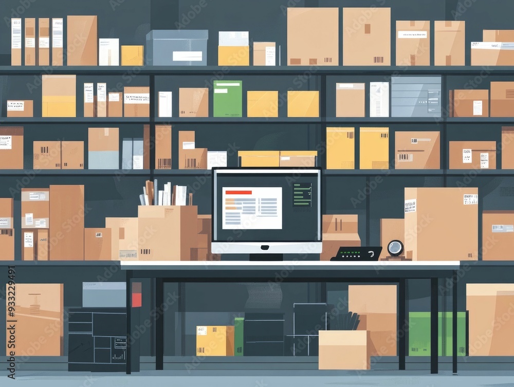 Poster flat design of an automated supply tracking and inventory management system the image showcases vari