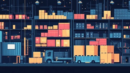 Obraz premium Streamlined Logistics and Supply Chain Visibility Conceptual Flat Design Depicting End to End Supply Chain Optimization Data Driven Logistics Solutions and Digital Transformation