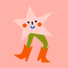Cute Pink abstract star in boots. Hand drawn vector illustration. Naive childish design. Funny comic character, kids poster, card, social media banner.