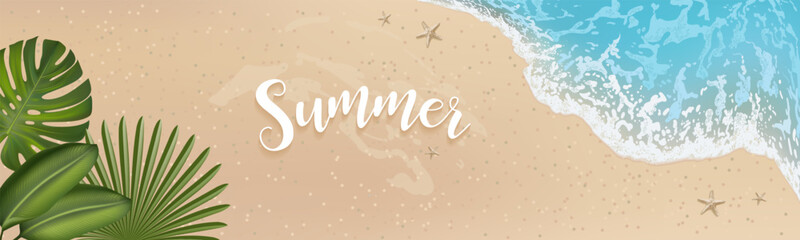 Summer background, banner with seashore, golden sand. Large inscription Summer with shadow. Beach background. Vector illustration in flat design style.