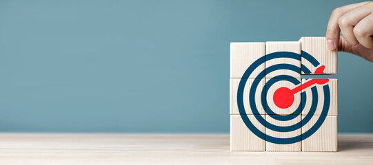 Goals and strategic planning for success. Target board on cube wood. with copy space