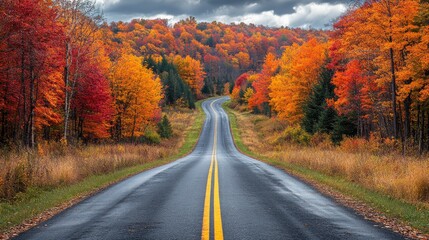 Naklejka premium Scenic countryside drive through vibrant autumn foliage with winding road