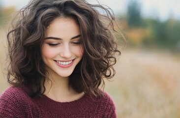 Fototapeta premium Young woman with curly hair smiles while enjoying a calm day at the beach during fall