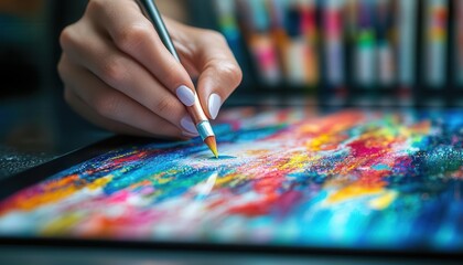 Fototapeta premium Digital tablet being used for creative work, with colorful designs on display, Creative, Bright, Detailed