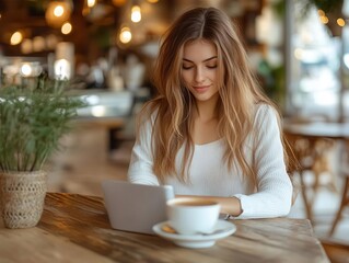 Entrepreneur lifestyle with a young professional working from a chic cafe, Modern, Bright, Detailed