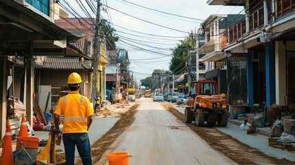Construction Workers and Machinery on a Busy Urban Street Undergoing Road Maintenance and Development