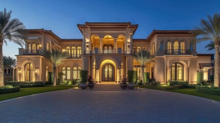 Obraz premium A grand mansion with a large, ornate front door and a long, paved driveway. The house is lit up at night, creating a warm and inviting atmosphere.