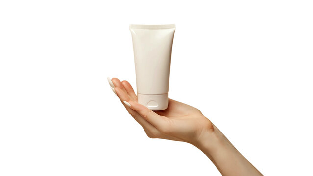 Clean and Simple Cosmetic Tube Mockup in Hand - Perfect for Branding, Woman hand holding a tube isolated in white