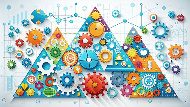 Colorful infographic illustration featuring a triangle made up of gears and puzzle pieces, surrounded by icons and charts, conveying data analysis and problem solving.