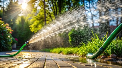 A strong jet of water shoots out of a green garden hose, splashing against the pavement, causing a misty atmosphere on a sunny day outdoors.