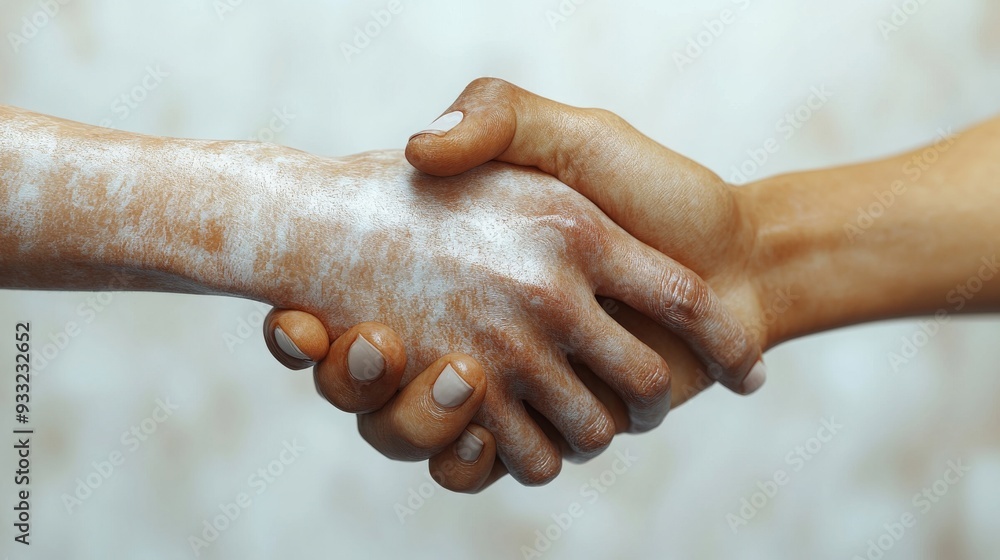 Poster hands clasp in a handshake, representing mutual understanding and agreement against a simple backgro