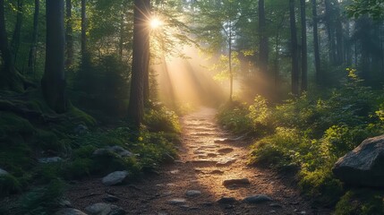 Obraz premium Hiking trail in a dense forest, with sunlight filtering through the trees and a path winding through, Adventurous, Cool Tones, Detailed