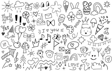 Big set of cartoon doodle hand drawn elements. Line art. Crowns, rainbow, hearts, stars, flowers, sparkles, arrows, lightnings, smiley, signs, funny design elements іsolated on white background.