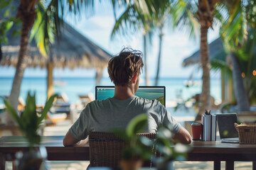 Happy freelancer nomad person browsing laptop anywhere remote job work business, Generative AI
