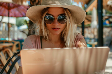 Happy freelancer nomad person browsing laptop anywhere remote job work business, Generative AI