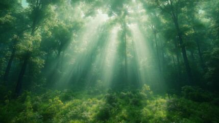 Fototapeta premium A dense forest enveloped in early morning mist, with rays of sunlight filtering through the trees, creating a magical and serene atmosphere