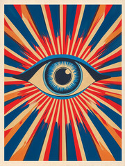 A stylized eye illustration with radiating lines in vibrant red, blue, and beige tones.