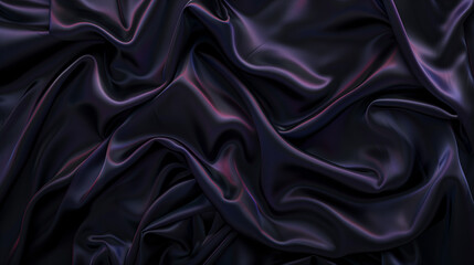 Fototapeta premium Background black satin fabric with neon with waves and folds, top view. Dark silk texture for the design of elegant fashion, luxury, or modern wallpaper. 