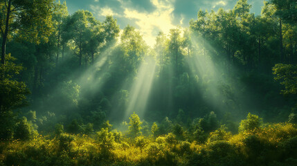 Fototapeta premium A dense forest enveloped in early morning mist, with rays of sunlight filtering through the trees, creating a magical and serene atmosphere