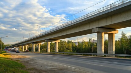 A highway bridge with a blue sky and fluffy clouds with a few cars traveling on the road below.