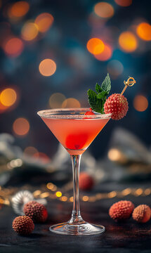 Lychee Martini drink is on the table in an expensive bar or restaurant, a photo for the menu or recipe
