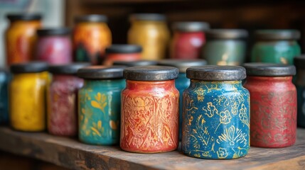 Colorful Hand-Painted Ceramic Jars on Wooden Shelf in Artisan Market