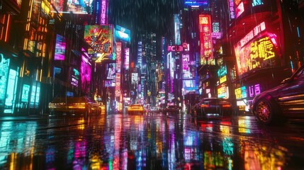 Obraz premium Neon-Lit Urban Street at Night with Reflections on Wet Pavement in a Futuristic Cityscape