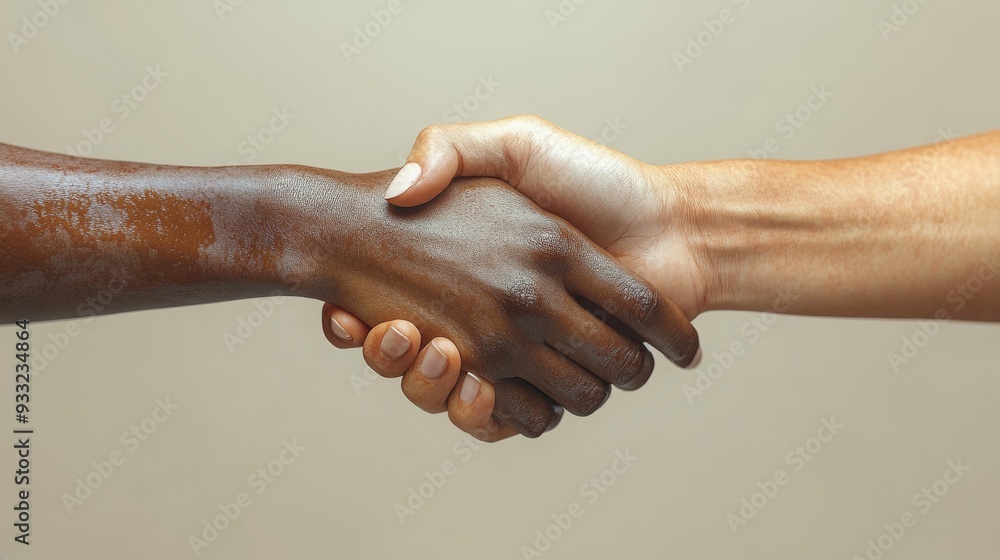 Poster two hands of different skin tones clasping each other in a handshake, symbolizing unity and collabor