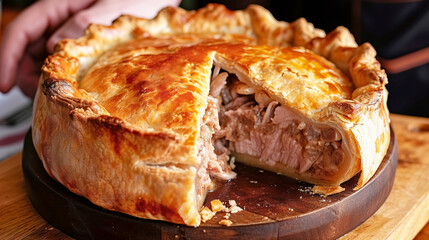 Traditional British savory pastry pork pie with meat enveloped in crust. Delicious comfort food