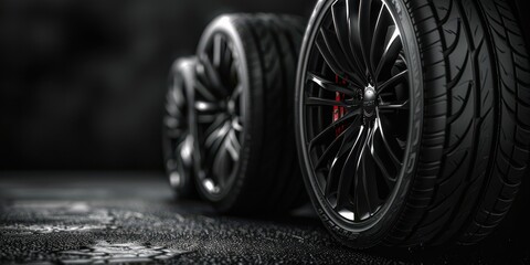 Detailed shot of wet tires with reflective droplets, showcasing high-quality rubber texture. Free copy space for text.
