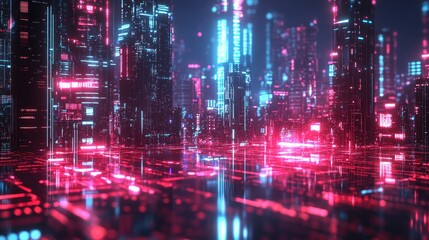 Futuristic Cyberpunk Cityscape with Neon Lights and High-Tech Skyscrapers at Night