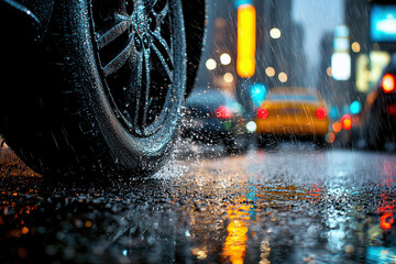 Rainy Night City Street Wet Tire Urban Driving Scene