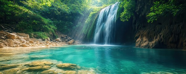 Scenic nature with a waterfall cascading into a crystal-clear pool, surrounded by lush greenery, Serene, Cool Tones, Wide Angle