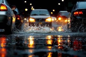 Dangerous Night Driving in Heavy Urban Rainstorm