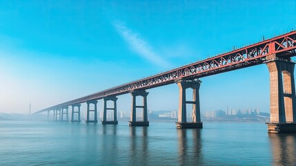 A large suspension bridge under construction crosses a wide blue river.
