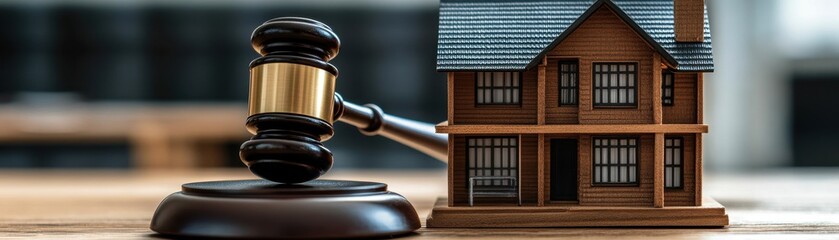 Wooden Gavel and Model House on Desk Symbolizing Real Estate Auction or Legal Property Issues