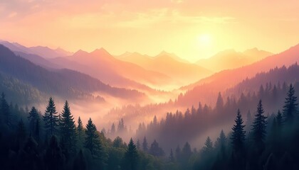 Obraz premium Sunrise over mountains, with a soft mist rising and the first light of day breaking through, Serene, Warm Tones, Majestic
