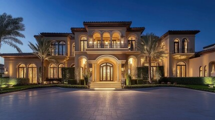 Fototapeta premium A large, luxurious house with a stone driveway and lush landscaping at dusk.