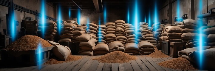 Obraz premium sacks of wheat in a grains warehouse. bulk rice procurement, production and transportation of rice