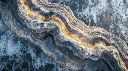 Aerial View of Unique Rock Formation with Ocean Waves Crashing Against the Shoreline