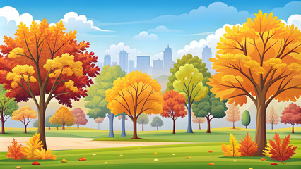 Simple flat vector illustration as Autumn park with colorful foliage concept as A vibrant autumn park with colorful foliage under a clear sky providing a festive and clean background for business pres