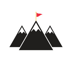 Mountain peaks with snow and flag flat vector icon for sports apps and web