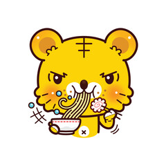 Little Tiger happy eating ramen. Kawaii Character Cartoon Style.